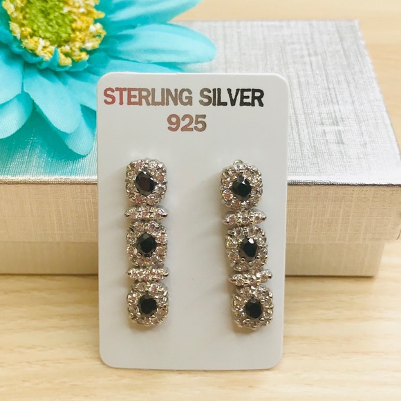 Sterling Silver Black CZ Halo Drop Earrings - Picture 2 of 5